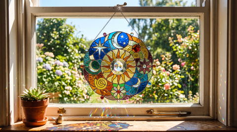 Custom acrylic suncatcher catching window light