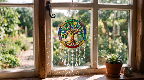 Wavy acrylic suncatcher with colorful prism reflections
