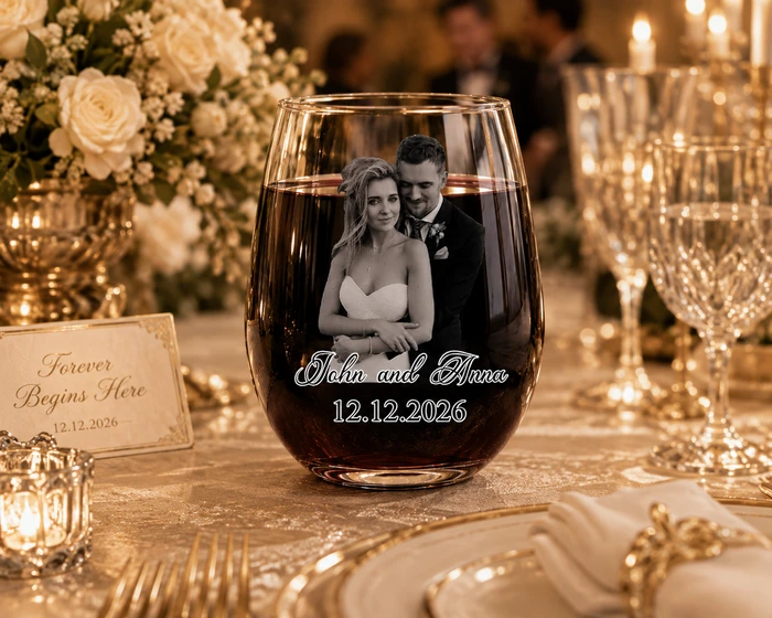 Custom Photo Couples Anniversary - Personalized Stemless Wine Glass