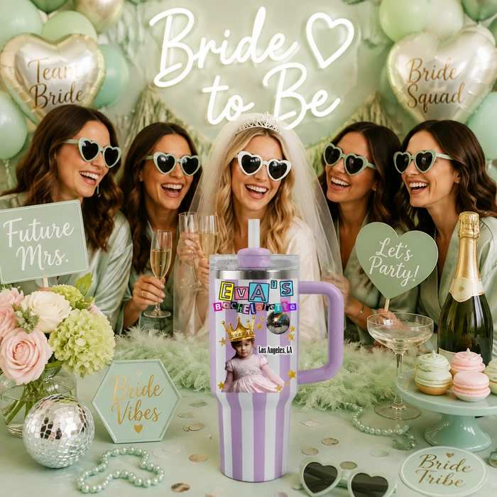 Personalized Striped Ransom Style Bride Era Bachelorette 40oz Tumbler, Custom Photo & Location Disco Bachelorette Travel Tumbler