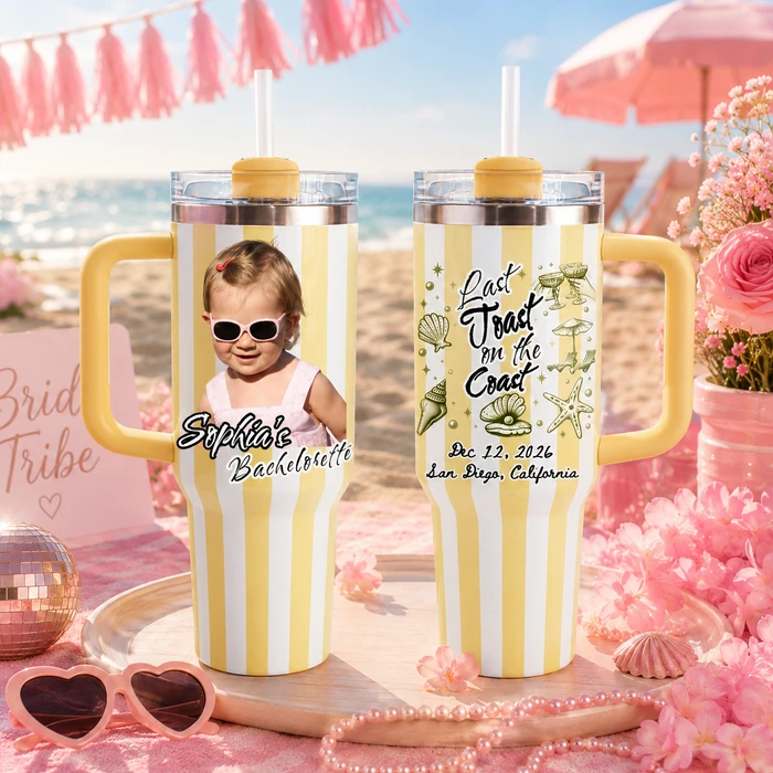 Custom Striped 40oz Tumbler With Handle, Last Toast On The Coast Personalized Bachelorette Travel Mug & Beach Bach Drinkware
