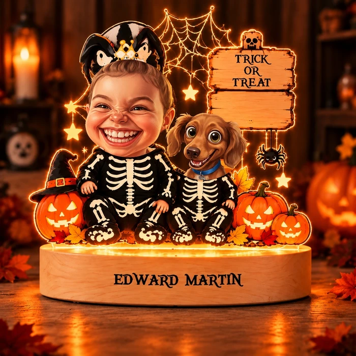 Personalized "Skeleton Buddy" Kids & Pet Photo Halloween Led Night Light