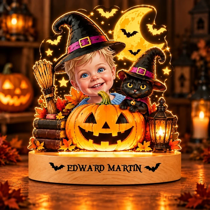 Personalized "Little Witch & Cat" Kids & Pet Photo Halloween Led Night Light