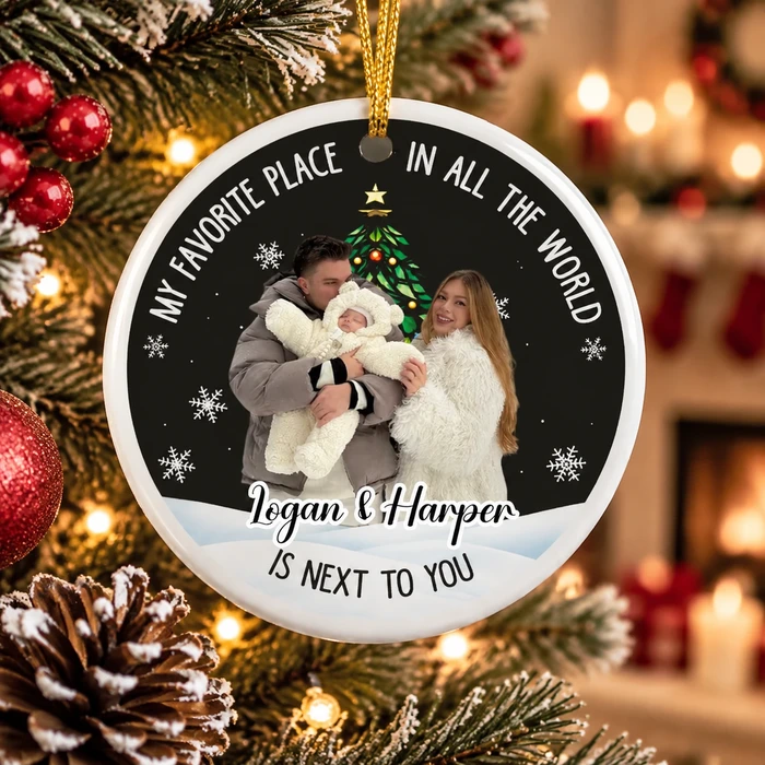 Personalized Ceramic Christmas Ornament Round Shape Custom Family Photo Name Baby First Christmas Snowy Night Christmas Gift