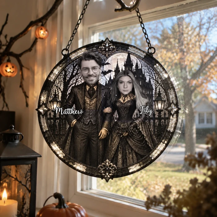 Custom Gothic Couple Halloween Suncatcher Portrait