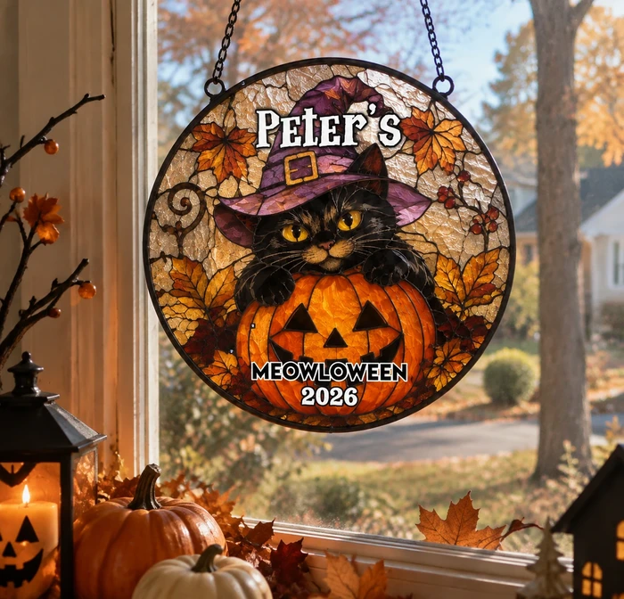 Custom Halloween Black Cat Pumpkin Suncatcher