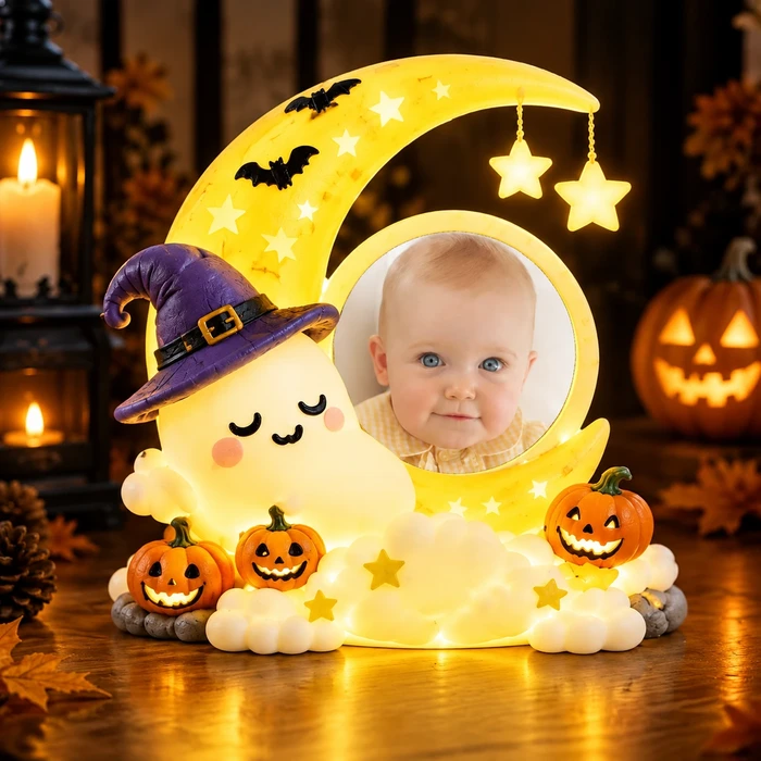Personalized "Crescent Moon & Cute Ghost" Kids Photo Halloween Led Night Light