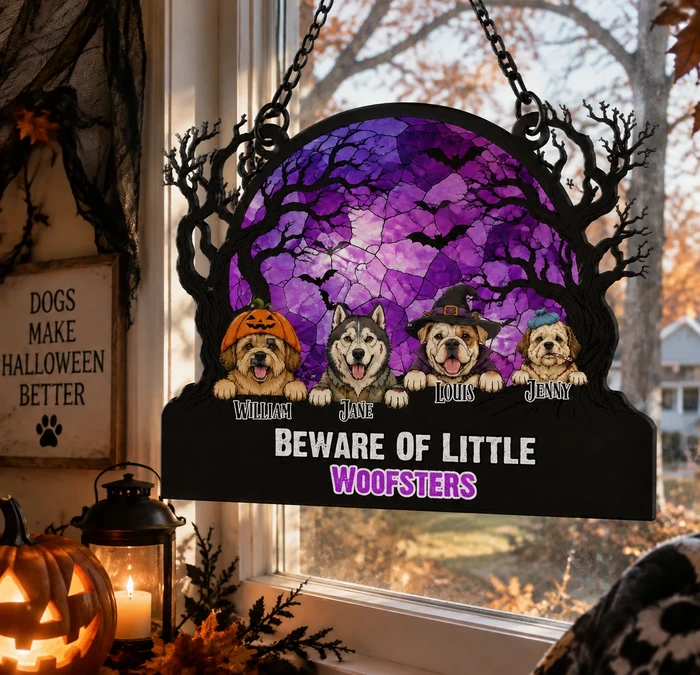 Custom Beware Of Little Woofsters Halloween Suncatcher