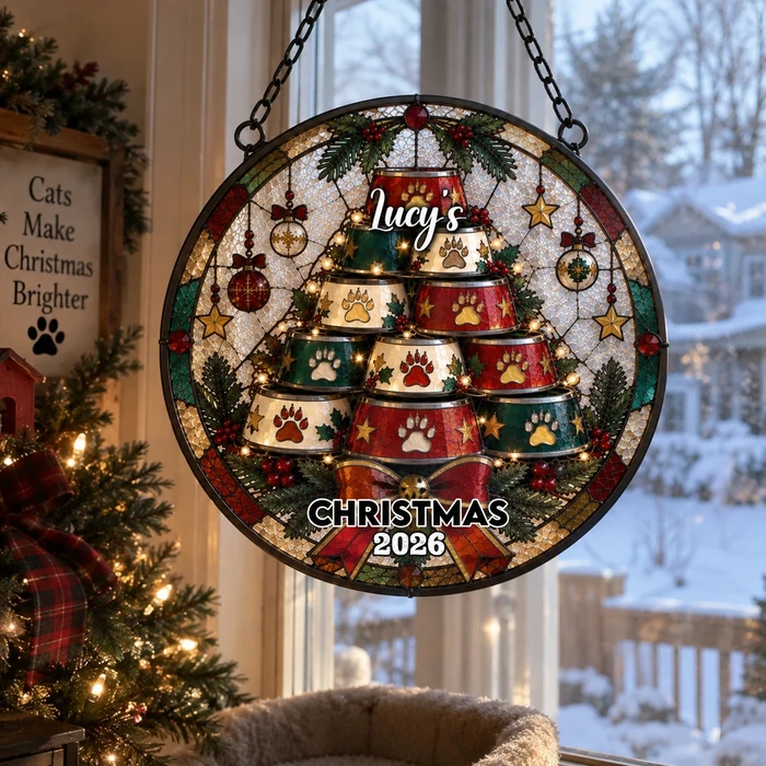 Custom Cat Bowl Christmas Tree Suncatcher Decor
