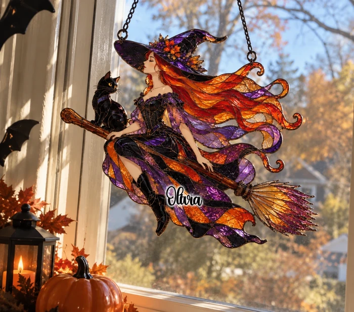 Custom Photo Halloween Pumpkin Cat Suncatcher