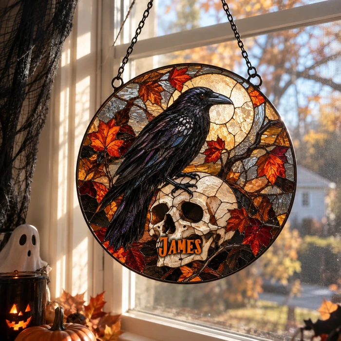 Custom Raven Skull Stained Glass Suncatcher
