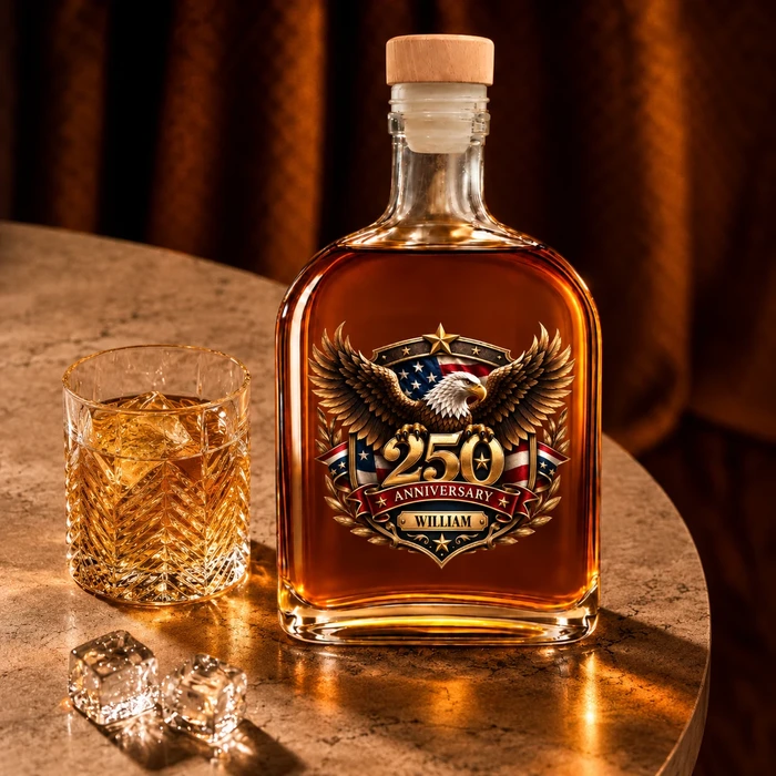 Custom Name 25th Anniversary Whiskey Bottle, Personalized Eagle Decanter Gift, American Flag Silver Anniversary Keepsake, Gift For Husband Dad