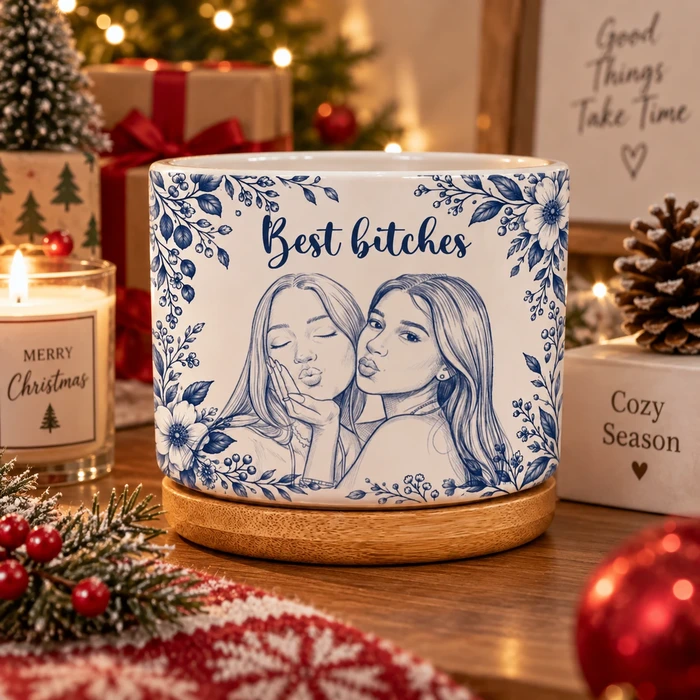 Custom Photo Best Bitches Pencil Sketch – Personalized Ceramic Plant Pot Gift