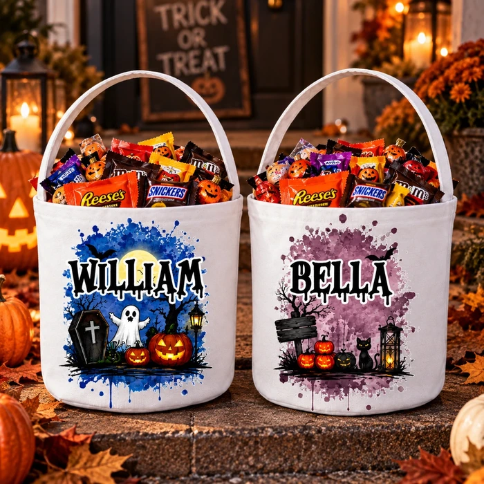 Personalized Halloween Candy Bag Custom Name Trick Or Treat Bag For Kids – Spooky Pumpkin Ghost Cat Halloween Gift
