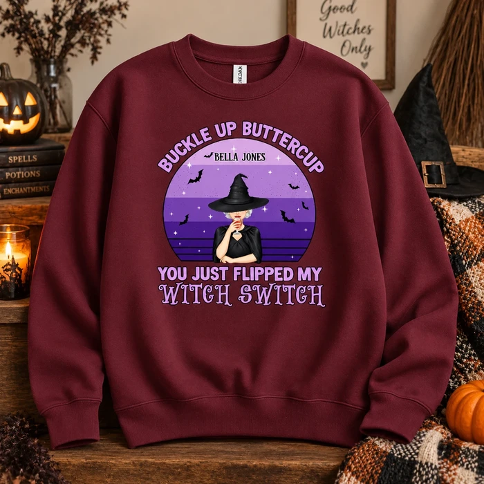 Personalized Witchy Halloween Crewneck Custom Character And Name, Buckle Up Buttercup Sweatshirt