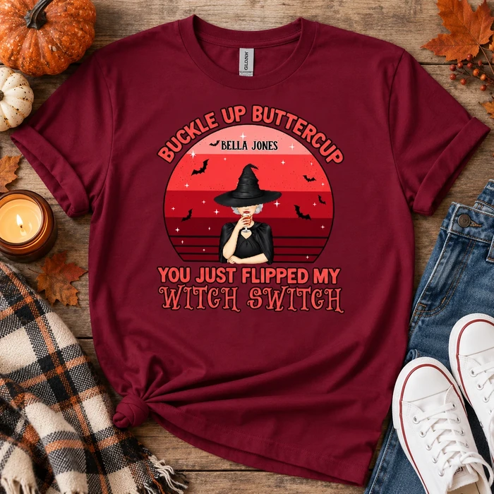 Personalized Witchy Halloween T-Shirt Custom Character And Name, Buckle Up Buttercup Shirt