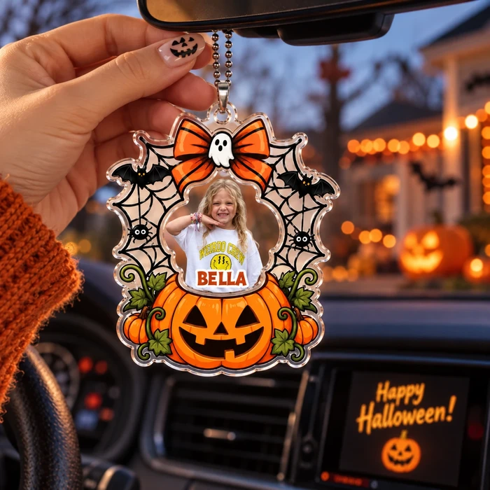 Personalized Halloween Ornament Custom Photo Name – Pumpkin Bat Spider Web Car Charm Halloween Gift