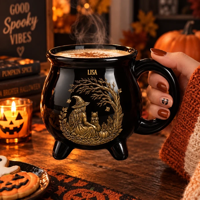 Personalized Cauldron Pottery Mug Custom Name – Witch Mug With Vintage Halloween Witch & Cat Design