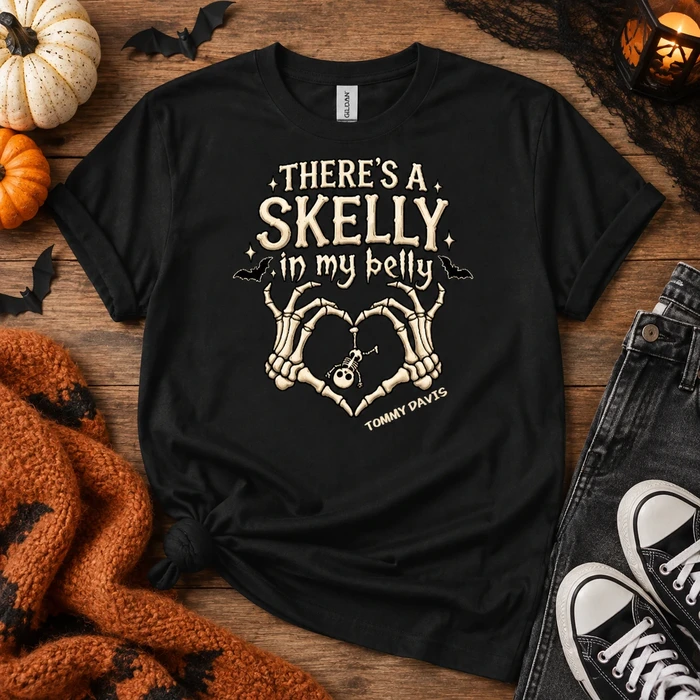 There'S A Skelly In My Belly Graphic Shirt - Personalized Skeleton T-Shirt Custom Name Halloween Tee