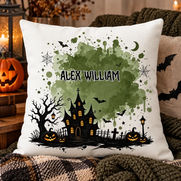 Custom Halloween Pillow Personalized Name Spooky Watercolor Background Fall Home Decor