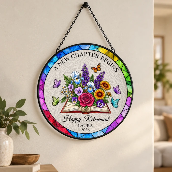 Custom Retirement Suncatcher, Personalized Name And Year Stained Glass Decor, Happy Retirement Wall Hanging, Retirement Gift For Coworker