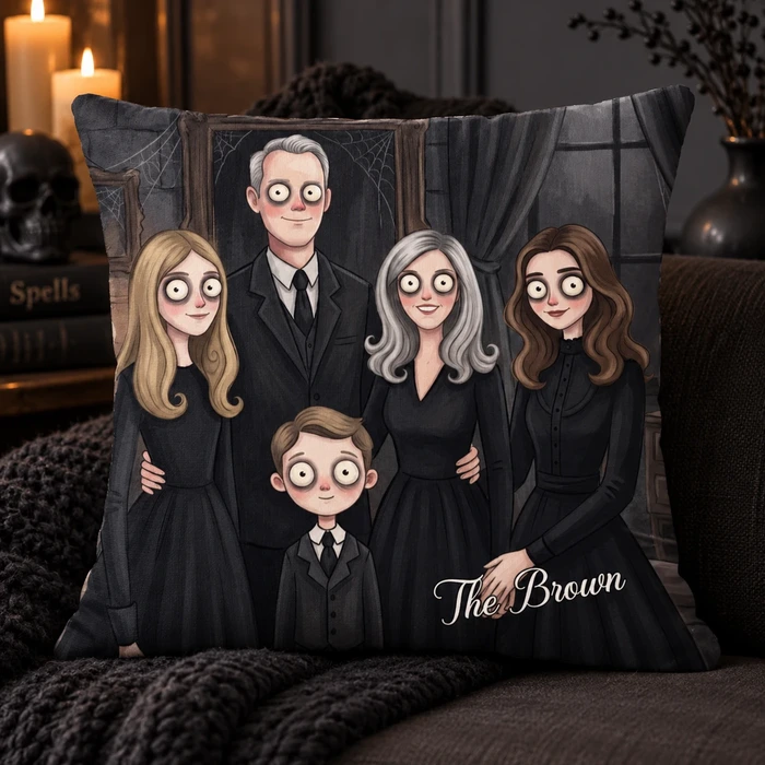 Custom Spooky Family Portrait Throw Pillow, Personalized Photo Upload, Mysterious Gothic Family Artwork, Halloween Decor