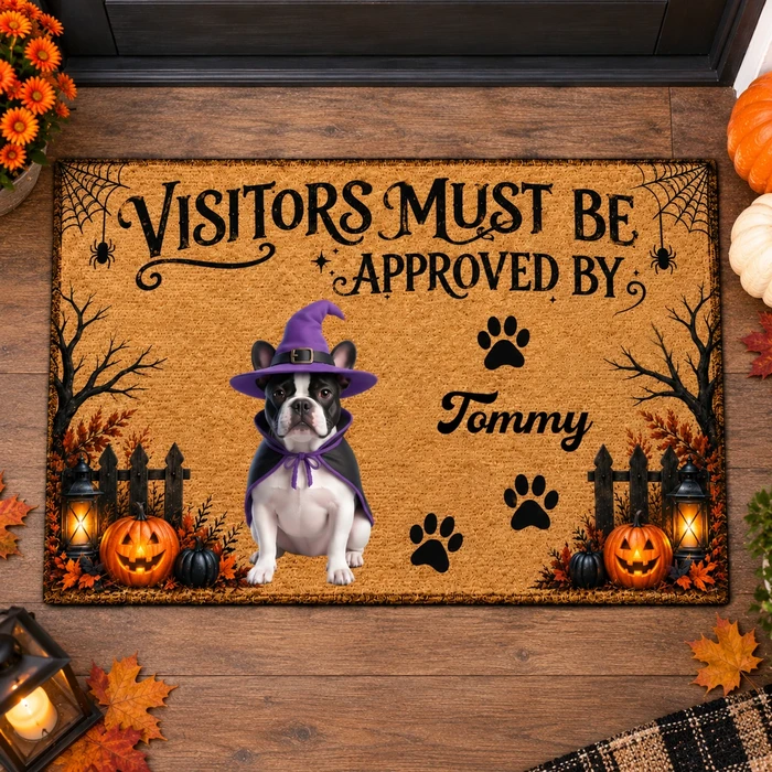 Personalized Crystal Velvet Floor Mat Custom Pet Photo & Name – Halloween Witch Dog Welcome Door Mat Spooky Home Decor Gift