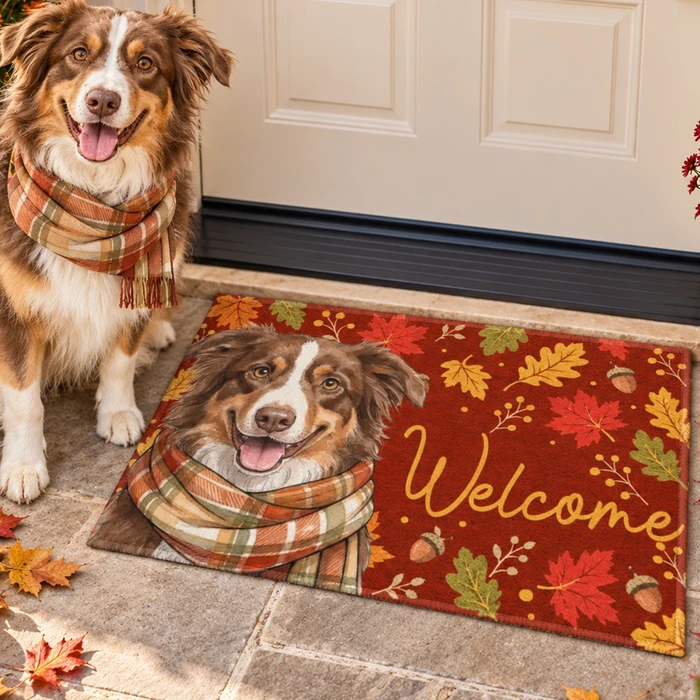Rustic Autumn Leaves Entryway Rug - Personalized Pet Portrait Doormat, Custom Pet Picture Welcome Mat