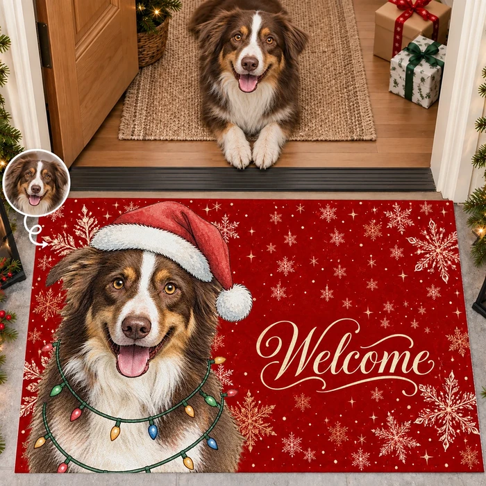 Personalized Door Mat Custom Pet Photo – Christmas Dog Welcome Mat With Santa Hat Snowflakes Holiday Home Decor Gift
