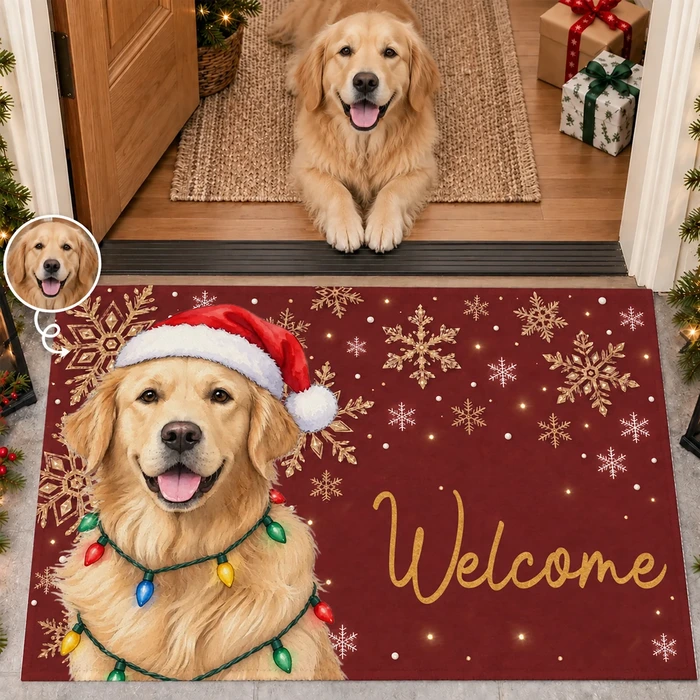 Custom Pet Photo Christmas Doormat, Personalized Dog Welcome Mat, Santa Puppy Holiday Door Decor, Christmas Gift For Dog Cat Lovers