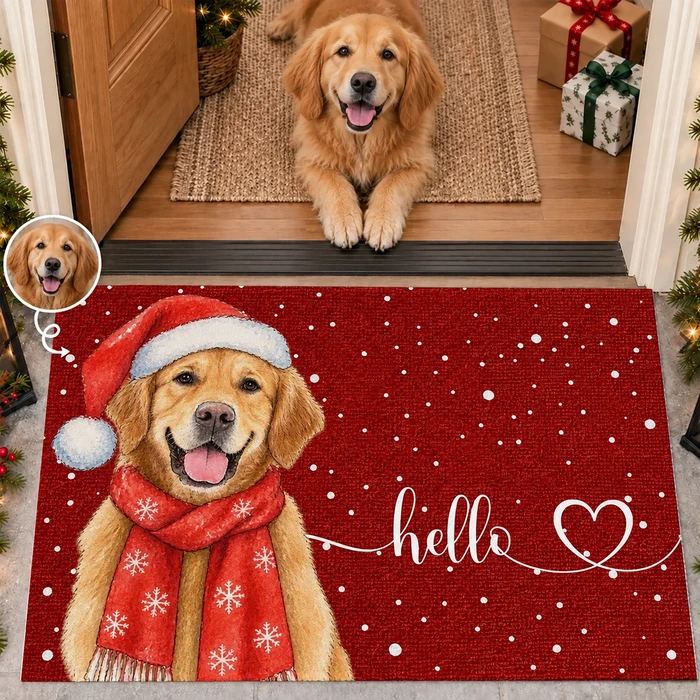 Personalized Christmas Doormat – Custom Photo Pet And Family Welcome Mat, Dog Cat Or Human Portrait, Santa Hat Holiday Front Door Rug, Christmas Gift