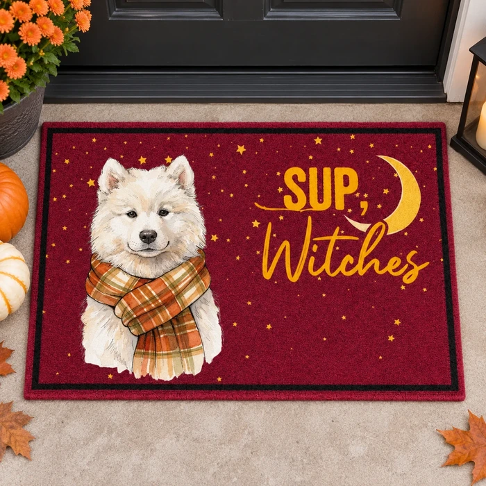Custom Pet Portrait Sup Witches Welcome Mat - Personalized Pet Photo Halloween Doormat
