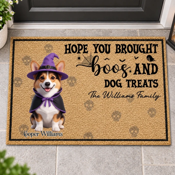 Personalized Halloween Dog Witch Costume Welcome Doormat - Custom Pet Name And Family Name