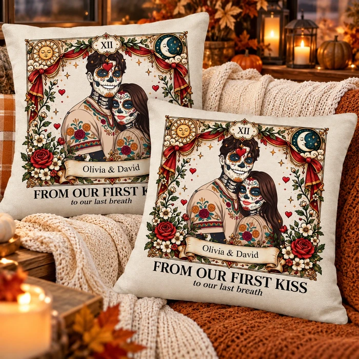Custom Photo Sugar Skull Cartoon Till Death Do Us Part - Personalized Pillow