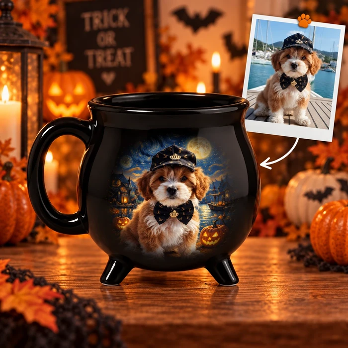Personalized Cauldron Pottery Mug Custom Pet Photo – Halloween Dog Portrait Spooky Witch Mug Gift