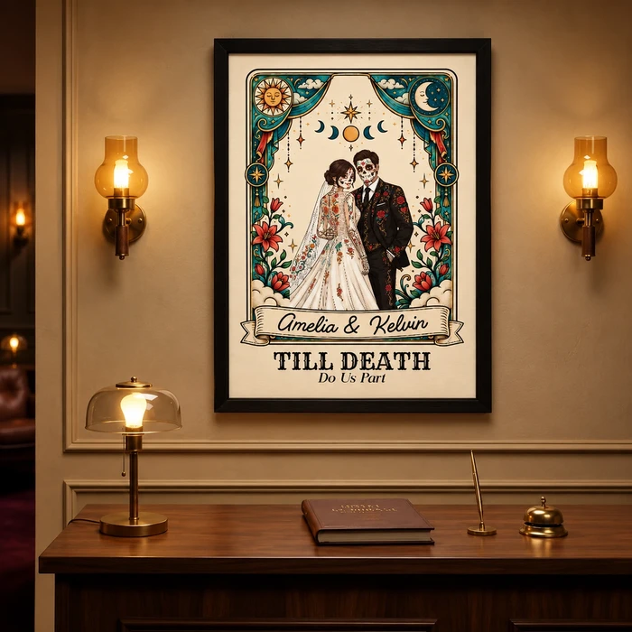 Personalized Gothic Couple Poster Custom Photo & Names, Till Death Do Us Part Wedding Wall Art, Sugar Skull Love Portrait, Anniversary Gift