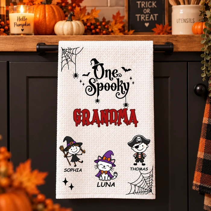 Personalized Halloween Kitchen Towel Custom Kids Names – Spooky Witch Cat Trick Or Treat Kitchen Decor Gift