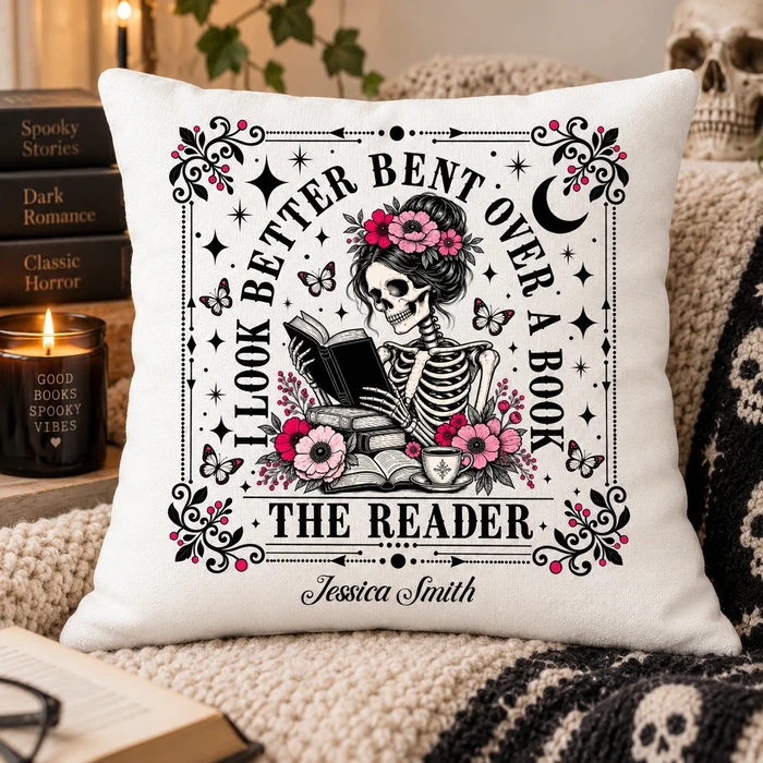 Custom Name Skeleton Reading Books Design - Personalized Gothic Bookworm Pillow