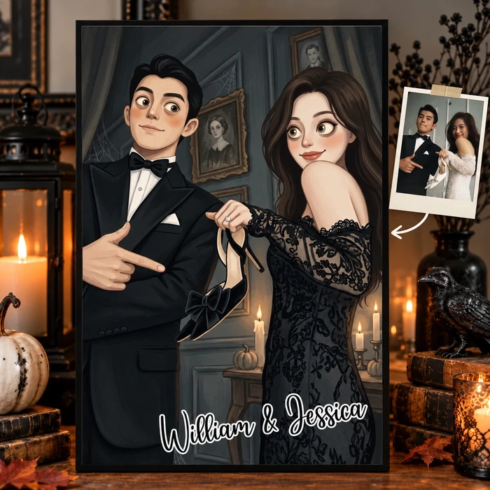 Personalized Halloween Poster Custom Couple Photo & Names – Gothic Halloween Couple Portrait Wall Decor Spooky Gift
