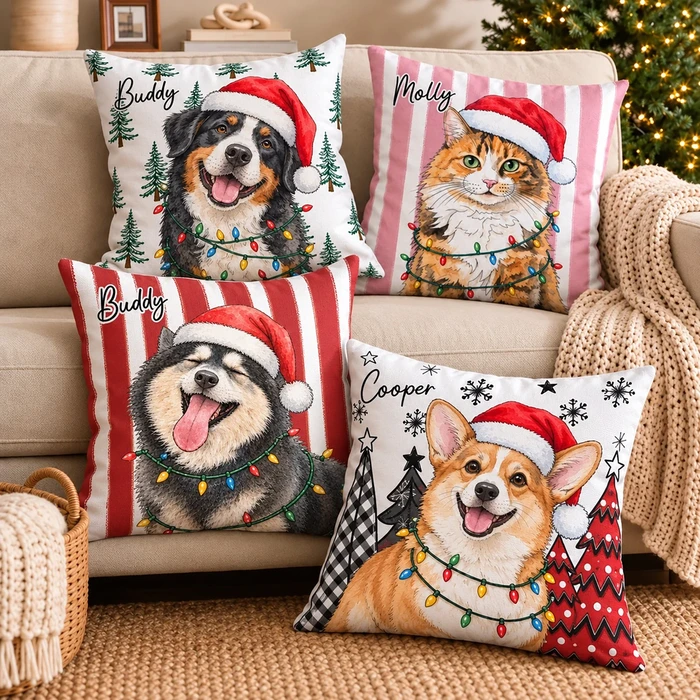 Personalized Christmas Pillow Custom Pet Photo & Name, Santa Hat Dog Cat Holiday Cushion, Family Photo Christmas Decor, Pet Lover Gift