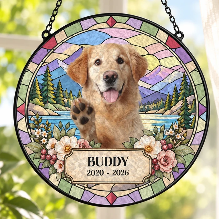 Custom Photo In Loving Memory Dog Cat - Personalized Stained Glass Window Hanging Suncatcher