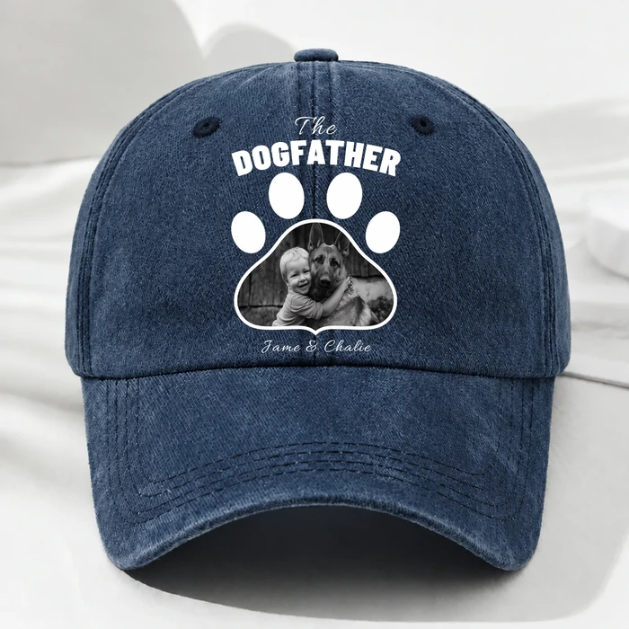 Cool Dog Dad Photo - Personalized Vintage Washed Denim Cap