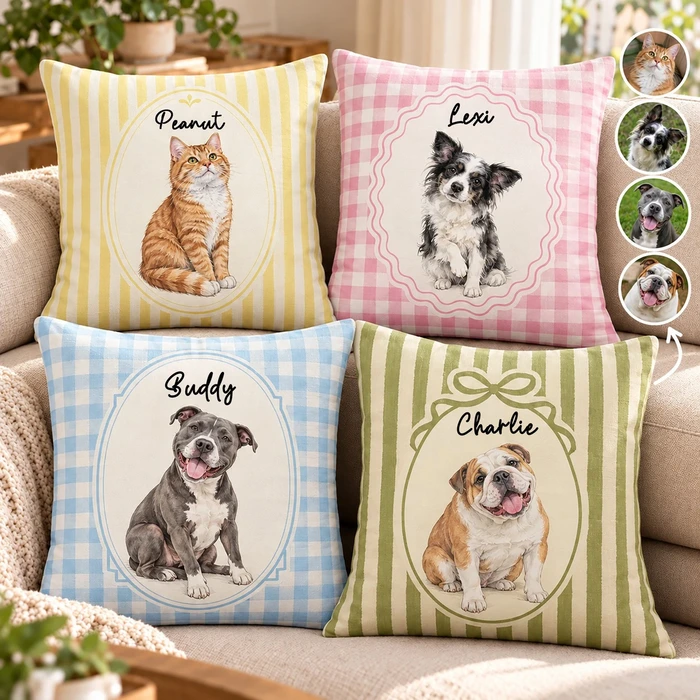Personalized Pet Portrait Pillow Cover - Custom Name And Background Style, Vintage Cottagecore Home Decor