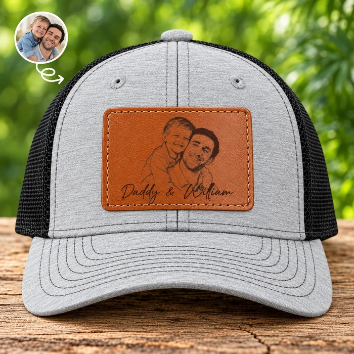 Custom Photo Pencil Sketch Family Dog Cat Portrait - Personalized Leather Patch Hat