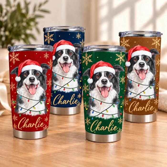 Personalized 20oz Tumbler Custom Pet Photo & Name – Christmas Dog Lover Gift, Santa Hat Holiday Stainless Steel Travel Cup