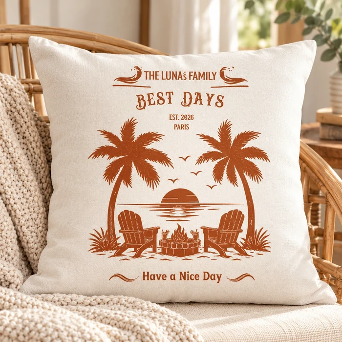 Personalized Family Best Days Beach Throw Pillow - Custom Family Name & Established Year, Tropical Summer Home Decor Gift