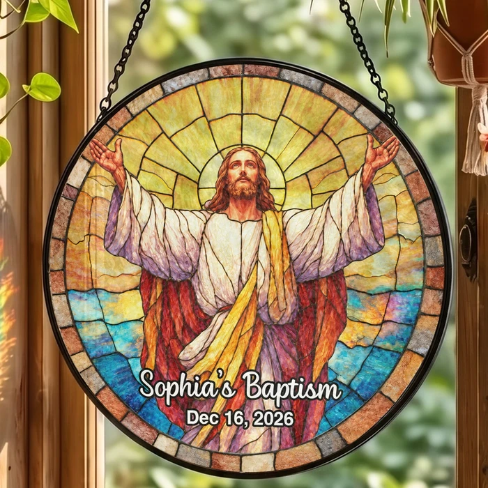 Personalized Jesus Baptism Glass Suncatcher - Custom Name And Date