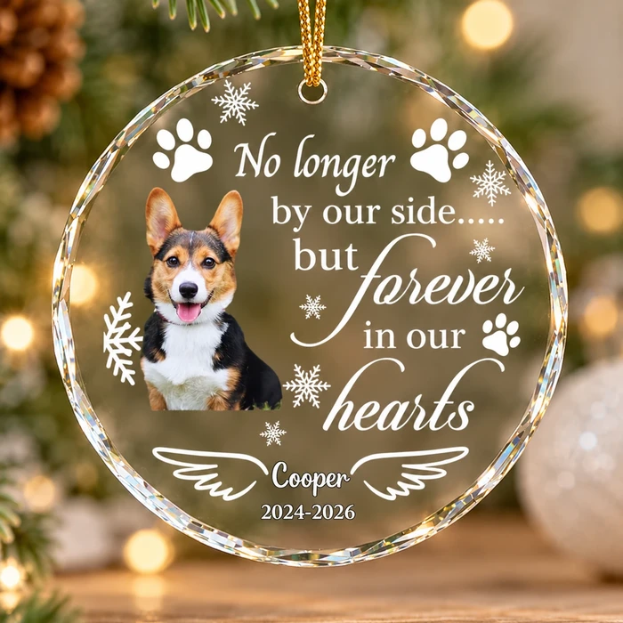 Personalized Dog Memorial Glass Christmas Ornament - Custom Pet Portrait, No Longer By Our Side Sympathy