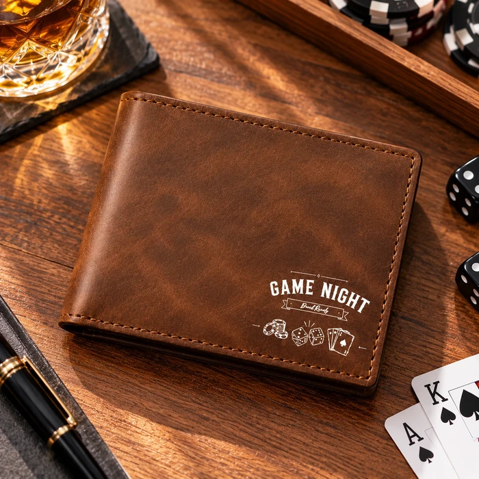 Game Night Custom Name - Personalized Leather Wallet - Gifts For Poker Players, Board Game Lovers & Dad