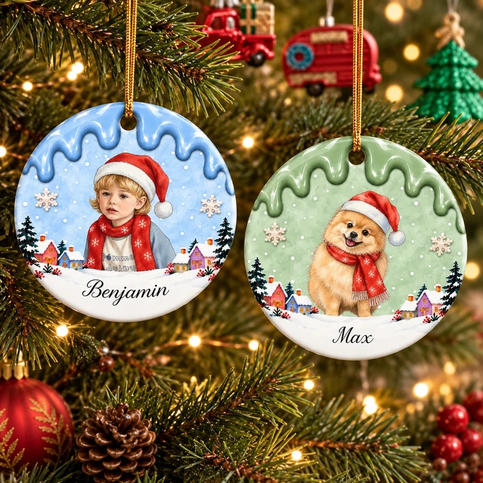 Personalized Christmas Ornament Custom Photo & Name, Santa Hat Kid Winter Keepsake, Snowy Village Christmas Tree Decor, Family Holiday Gift